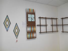 mid century shelves, clock, wall plaques