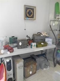 tools, atomic clock, metal boxes