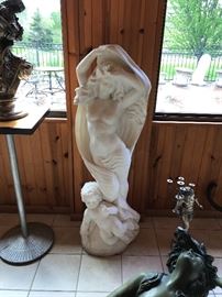 Hand Carved White Italian Marble Four Ft Statue of Maiden w Puti at Base.