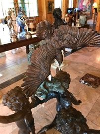 Signed Glass Top Cherub Table, w Bronze Eagle Sculpture on Top.