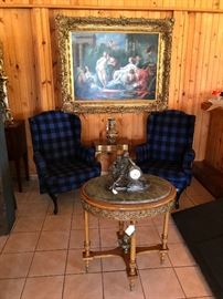Pair of Blue Plaid Wing Chairs.