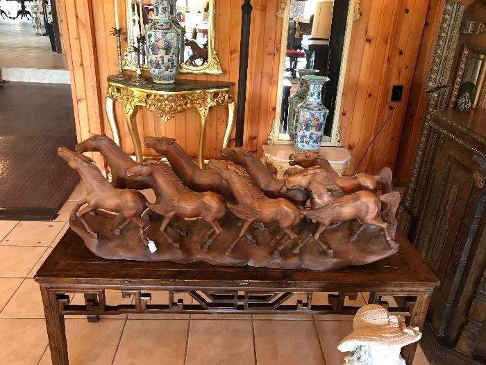 Herd of Horses Hand Carved Statue.