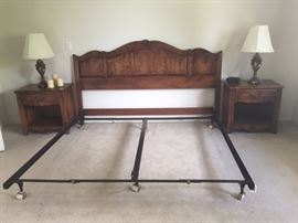 King Size Ethan Allen Headboard with Rails, Ethan Allen Night Stands, 2 Bedside Lamps, Candles.