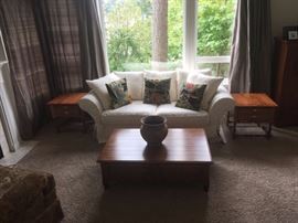 Ethan Allen Slip Cover Sofa (the slip cover is washable), Two End Tables, Ethan Allen Coffee Table, Clay Pot. Draperies are Not For Sale.