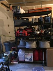 Earthquake E40 Post Hole Digger/Auger, Boat Winterizer, Big Boy Top Sider Oil Can, Oil/Gas Containers, BMW Rims, Black and Decker Electromate 400, Black and Decker Battery Charger, Ryobi Dremel 3000, Router, Sander, Remington 3.0 Chain Saw, Black and Decker 16in Hedge Trimmer, and more.