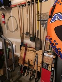 Yard Tools, Shovel, Pick, Axe, Loppers, Shears, Work Bench.