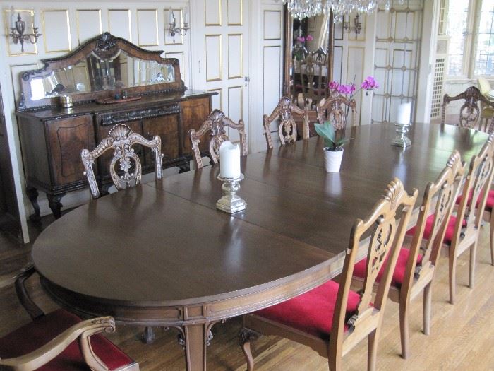 Large Dining Table with 20 shell carved Chippendale style chairs.
