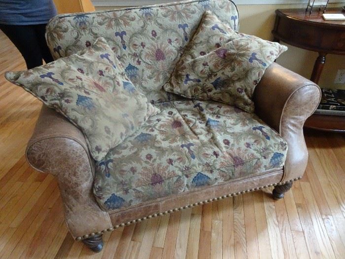 Century Over Sized Chair with Brown Leather, Nail Heads & Floral Tapestry print - 43"L X 35"W X 36"H   