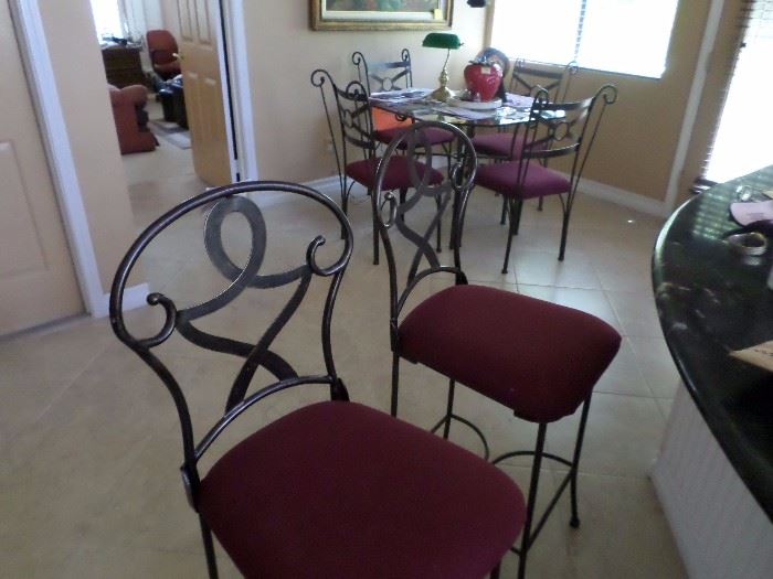 Iron Bar Stools- $ 75 pr., Background matching dinette glasstop table with 4 chairs $ 150