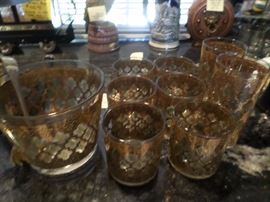 Mid-Century ice bucket, tongs, rocks glasses and hi-ball glases