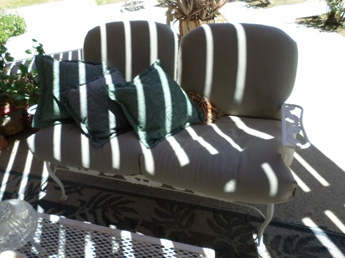 Mid-Century white iron settee with cushions  $ 150