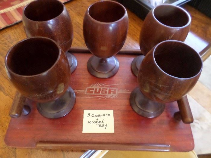 Vintage Cuba 5 wood goblets and  tray 