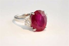 Appraised Retail Value: $300,000    Asking: $ 170,000.  Platinum ring with 10.00 ct Burma ruby set with 2 half moon side diamonds approx. 1.10 cts tw,   GIA report# 6202831208 Burma, Heated.    THIS ITEM IS IN A BANK VAULT FOR INSURANCE REASONS.  IT WILL NOT BE ON-SITE.       Call 800-289-2850 for a private  appointment to view these items.