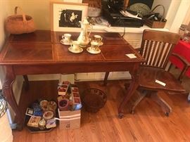 #62 Inlay top desk/table 46x27x32. $175
#27 wood desk chair $25