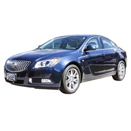 2011 Buick Regal Sedan: A navy blue 2011 4-door Buick Regal full size sedan, VIN W04GX5GV6B1059098, with 13,904 miles. Features include an automatic transmission, 2.2L, L4, DOHC 16V Turbo gas engine, CXL Turbo-3XT, 4-wheel ABS, an 18-gallon fuel tank, tan leather upholstery with five seats, Harman/Kardon speakers, and a touchscreen digital dash display. Carfax notes indicate this vehicle was built in Germany.