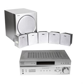 Sony Digital Audio Control Center, Speakers and Subwoofer: A Sony Digital Audio Control Center, speakers and subwoofer. Sony receiver is model STR-K665P and features AM/FM stereo, “Dolby Digital Logic Pro Logic II”, “Digital Cinema Sound-Studio Cinema EX”, and a remote control. Five small surround sound speakers have silver tone cabinets and a coordinating subwoofer. A user’s manual is included.