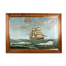 John Coleman Terry Oil Painting on Canvas "Cutty Sark": An original oil painting on canvas titled Clipper Ship ‘Cutty Sark’ by listed artist John Coleman Terry (American, 1870-1934). The painting depicts the famous clipper ship with full sails, navigating a choppy ocean, with lightly scattered gray clouds in the blue sky. It is signed to the lower right corner “John Terry”, and is also hand-marked by the artist to the back of the canvas with information about the painting, which reads “Clipper Ship ‘Cutty Sark’ Built Dunbarton 1869. Gross Tors 963. Length 212ft. Beam 36ft. (South Atlantic. Starboard Watch furling crojack.)” The painting is presented in a custom wood frame with a gilded inner border and is ready to hang.
