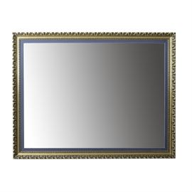 Large Gold Framed Wall Mirror: A large gold framed wall mirror. This vintage, rectangular shaped mirror has an ornate gold painted wood frame with a blue velvet fillet border. Hanging hardware is attached to the back. No maker’s marks.