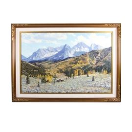 James Emery Greer Original Oil Painting "The Sage Reclaims the Land": An original signed oil painting titled The Sage Reclaims The Land by listed artist James Emery Greer (American, 1948-1990). The painting is rendered in a somewhat thick impasto style, depicting a grand vista of high craggy mountain peaks descending to pine and aspen covered slopes with a small wooden cabin amidst sparse fir trees and sagebrush near Marble, Colorado. The painting is signed “James Emery Greer” to the lower right corner and is presented in a gilded wood frame with a linen fillet. The back of the canvas is marked by hand “all reproduction rights reserved by the artist James Emery Greer” and the title of the work is handwritten on the wood stretcher. Ready to hang.