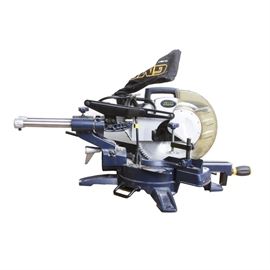 GMC Compound Miter Saw: A GMC compound miter saw. This electric compound miter saw is made by the “Global Machinery Company, Model LSMS10UL, Serial #92000797”. It is marked “10” Slide Compound Miter Saw, Double Bar Slide Action, Extra Powerful 15 Amp Motor, Positive stops for common miter stops, Precision bevel cutting, Adjustable depth of cut. The saw powers on but is otherwise untested. It is located in the garage of the seller’s home.