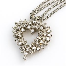 Balestra 18K White Gold and 1.00 CTW Diamond Open Heart Pendant Necklace: An 18K white gold open heart pendant necklace. The open heart pendant is embellished with 1.00 ctw of diamonds with a split bail and hangs on a double strand open link chain with a lobster claw closure.