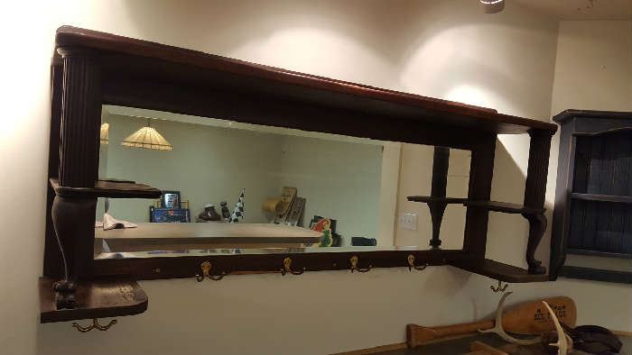 Wood mirror with hooks - $75