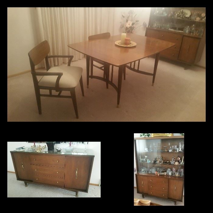 Pristine MCM Table, Four Chairs, Buffet and China Cabinet 