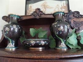 Old Cloisonne vases and dish