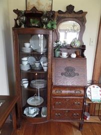 Antique oak secretary desk with display cabinet