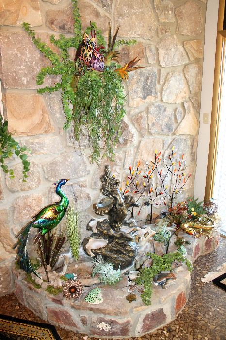 Fountain decorations - metal birds, ceramic frogs, etc.
