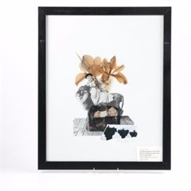 Gregg Harper Mixed Media on Board "Old Mythologies VI": A mixed media piece titled __Old Mythologies VI: She Beat Daniel to the Lion’s Den and Jesse to the Tree_ by Gregg Harper. This piece uses dried flowers, paper, magazine clippings, and acetate to create a collage like image of a woman sitting on a lion above a photograph of two people looking at one another. This piece is signed and dated “15” to the bottom right corner. It is presented behind glass in a black frame.