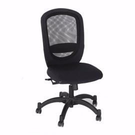 Wheeled Desk Chair by Vilgot: A wheeled Vilgot desk chair. The chair is metal with a mesh upholstery and features a black finish. Other features include an oval shaped back with a clear mesh center, upholstered seat, plastic and metal pedestal with seat adjustment controls and spider style legs in black plastic with caster style feet.