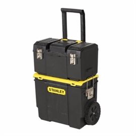 Stanley 3-in-1 Rolling Workshop and Tools: A Stanley 3-in-1 rolling workshop and tools. This selection includes the Stanley 3-in-1 rolling workshop with two sections come apart; the top section is a portable tool box with a carrying handle and removable tray, while the bottom section has a larger storage box with a removable small accessory tray. The bottom section has wheels, and the top section has a pulling handle, for easy moving of the entire unit. Also featured, an assortment of tools. Highlights include screwdrivers, box cutters, staple gun, level, and much more.