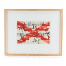 Paul Bowen Hand Embellished Block Print on Handmade Paper: A Paul Bowen hand embellished block print on handmade paper. The image is a modern style with red and gray images and design floating on a white paper background. The image is signed by hand in the lower corner and is initialed and dated in graphite to lower right. The image sits beneath a white mat and under glass and is surrounded by a wood frame in a natural finish with a wire hanger to its verso.