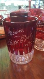 Cranberry class souvenir glass; Minnesota State Fair- 1903