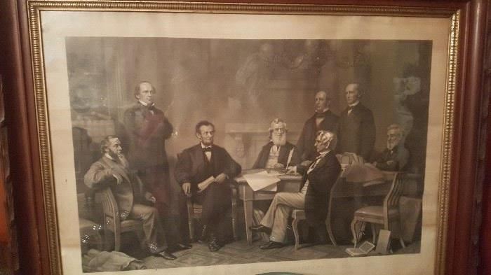 Antique framed print of Lincoln and other cabinet members.