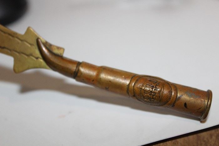 Antique 1917 WWI trench art letter opener. Made from brass and copper shell casings. Has crown detailing on handle and inscribed "Sir De France"