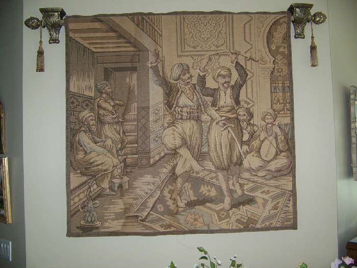 This is a wonderful piece of art- over 150 years old! Subject of tapestry is Mid-East Dancers.  Perfect condition
