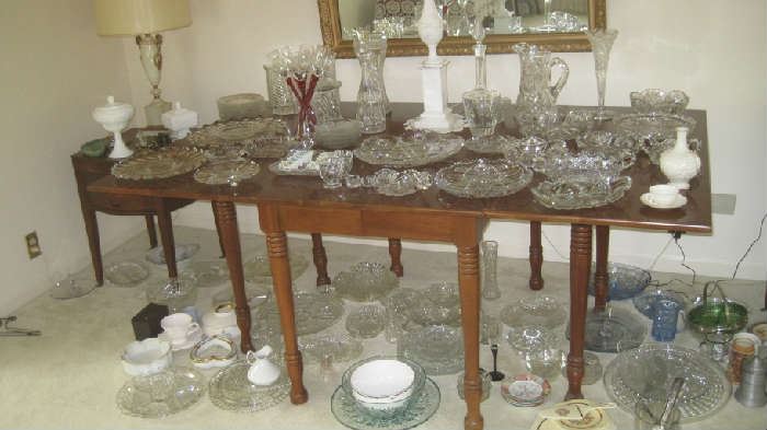  Glassware and  American Brilliant cut glass assortment on drop leaf table with 4 leaves 
