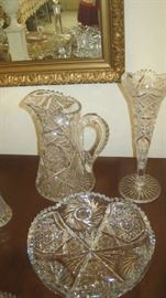Cut glass pitcher, dish, vase 