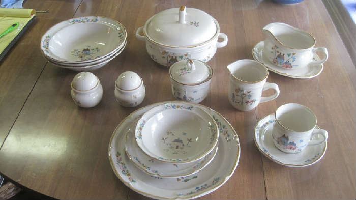 Five piece place setting Heartland International China Co. , vegetable bowls, covered casserole, gravy boat, salt/pepper, cream/sugar- many pieces