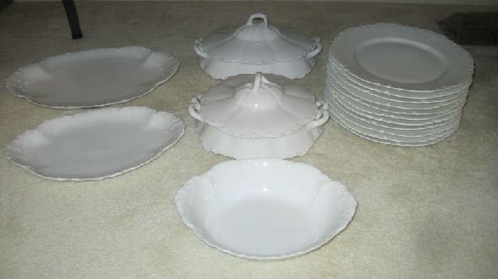 Haviland France white Ranson china- 2 platters, dinner plates, covered vegetable dishes  - 1930s