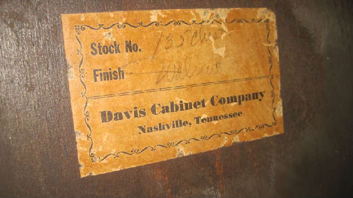  Davis Cabinet label behind chest- probably from the 1940s