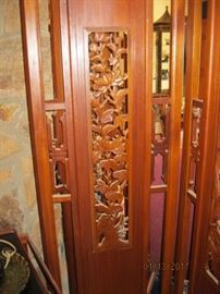 Teak Asian screen with open carved bamboo panels