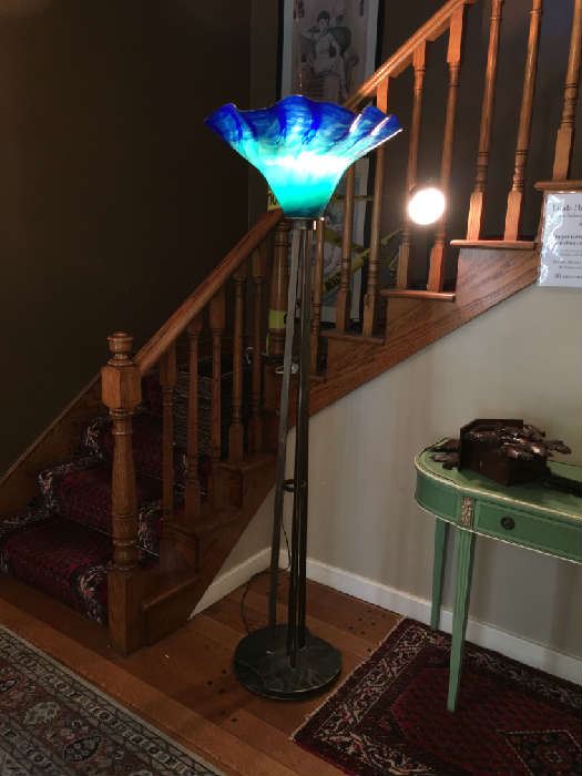 Art Glass Torchere Lamp. Bronze Base, Hand Blown Shade signed Scott & Laura Curry