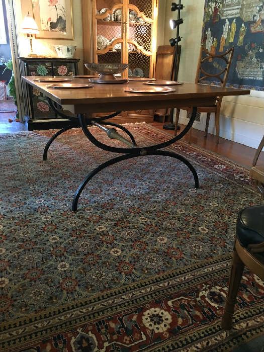 Italian Style Dining table with wrought iron base. Six chairs, 2 leaves.