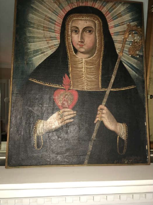 19th c. St. Gertrude holding " The Immaculate Heart of Mary". Spanish Colonial Painting on canvas.