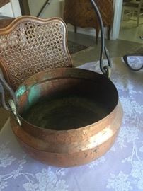 Antique hammered copper cauldron with wrought iron handle