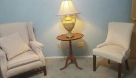 Wing Back Chair and Side Chair, Pie Table, Urn Shape Lamp