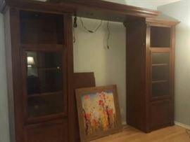 Mahogany Entertainment center, Headboard, Curio Cabinet